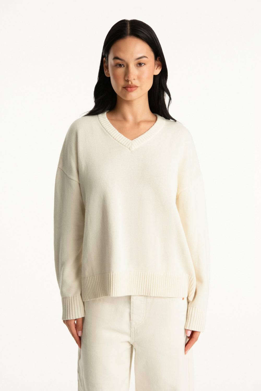 SET ACTIVE Outlet | SET X PARKE COTTON V-NECK SWEATER - CREAM